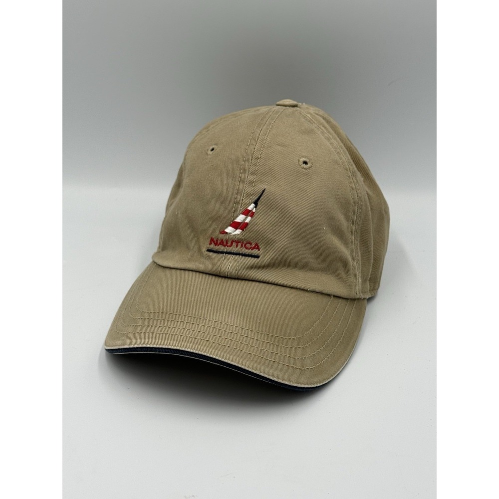 Vintage 1990s Nautica Red White Sailing Dad Cap Hat Adjustable Beige Khaki OSFM